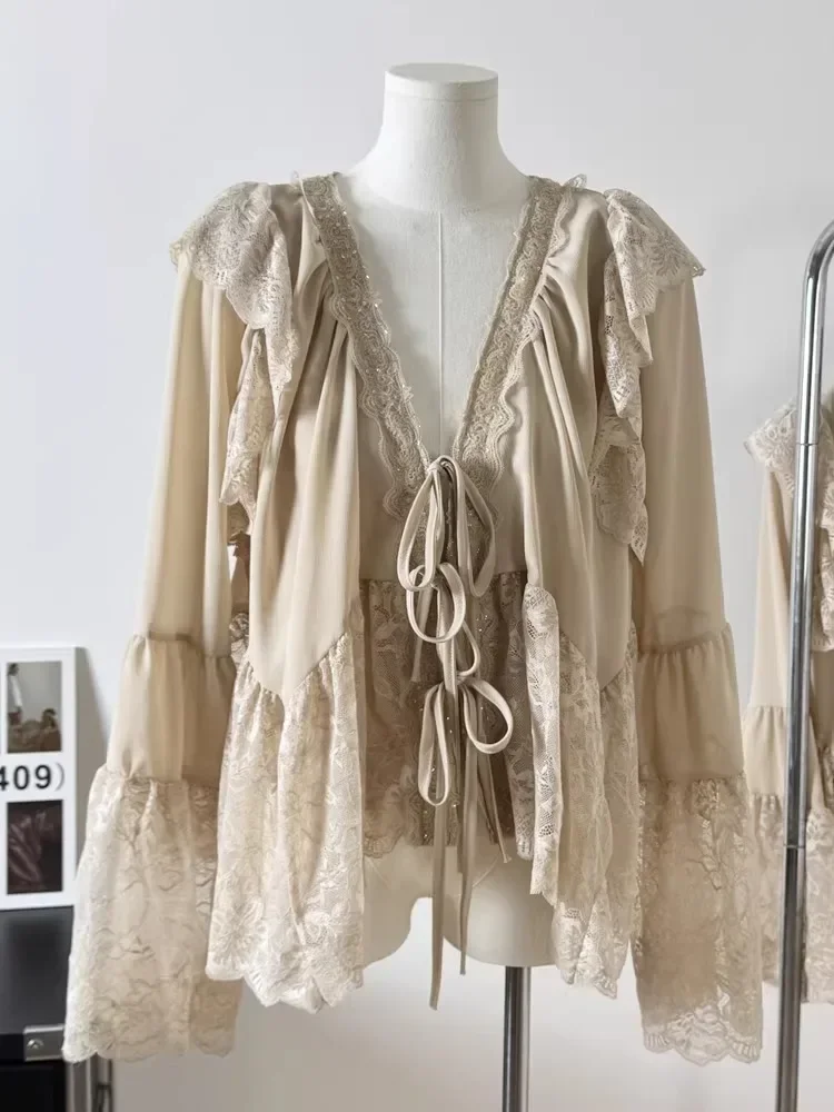 CHICMORE Atasan kemeja lengan panjang leher v manis untuk wanita