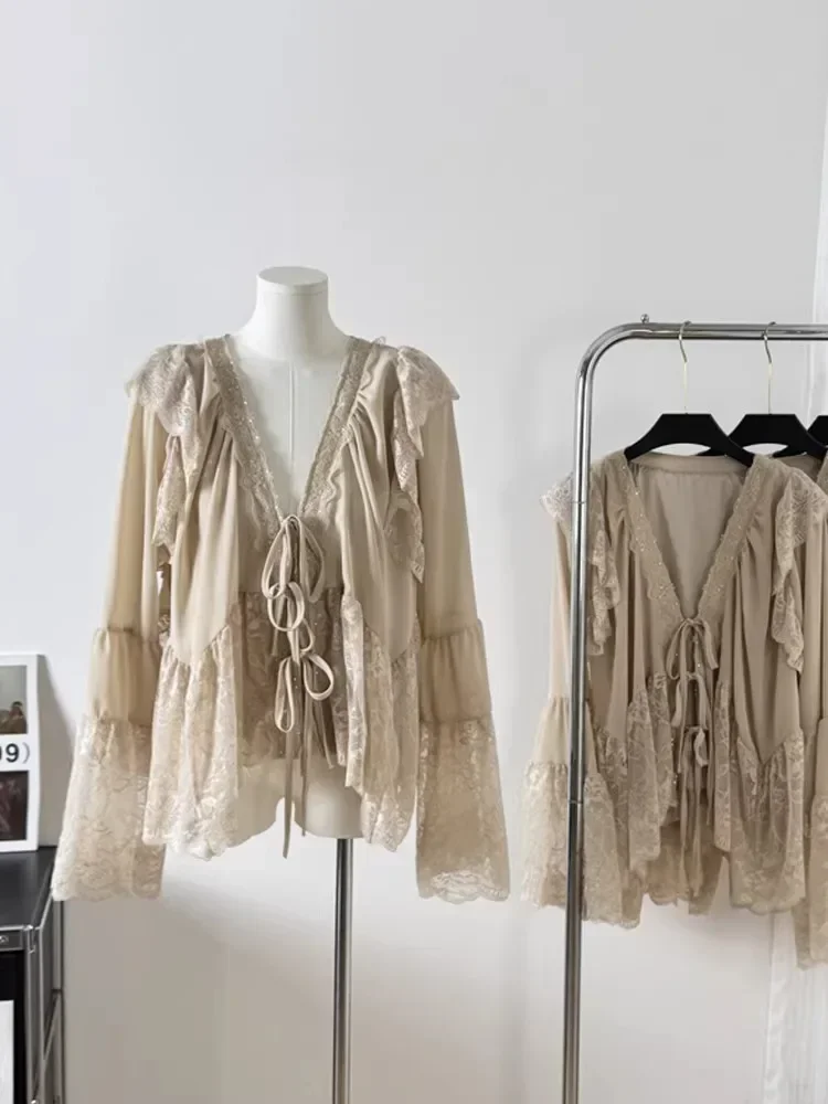 CHICMORE Atasan kemeja lengan panjang leher v manis untuk wanita