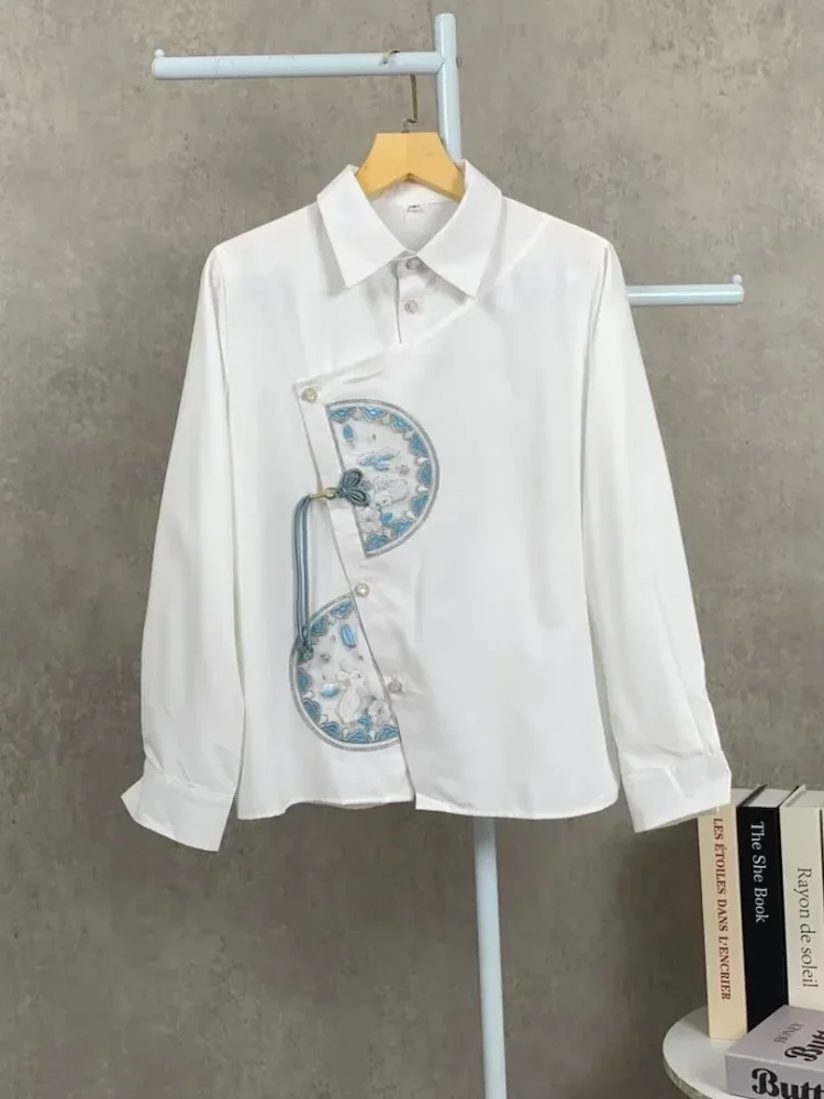 [DISKON KILAT]FADFAD Women's long-sleeved side-buttoned, embroidered, fitted shirt