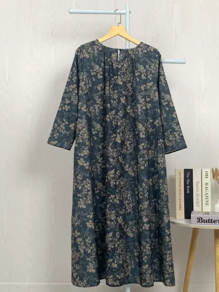 ASAYA Gaun panjang longgar kasual tipis bermotif dengan desain mode elegan
