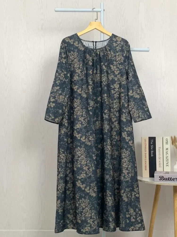 ASAYA Gaun panjang longgar kasual tipis bermotif dengan desain mode elegan