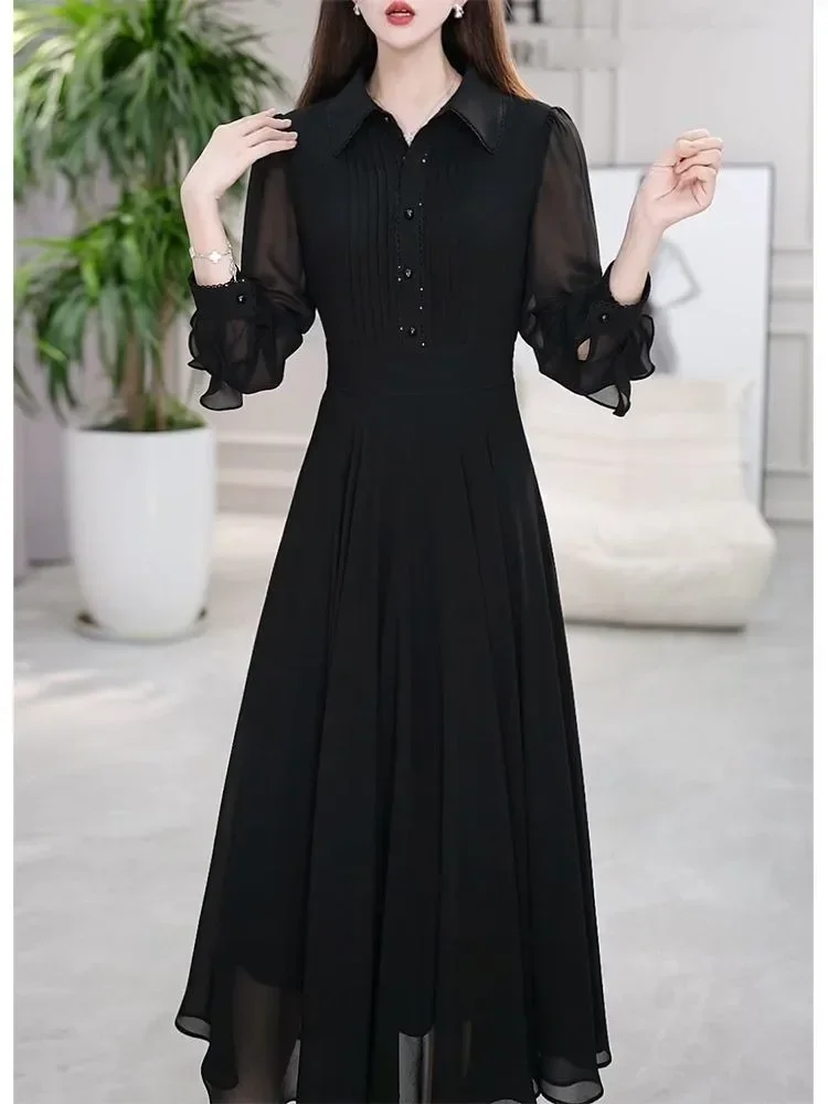 FADFAD Gaun hitam elegan kerah polo bergaya istana untuk wanita kelas atas