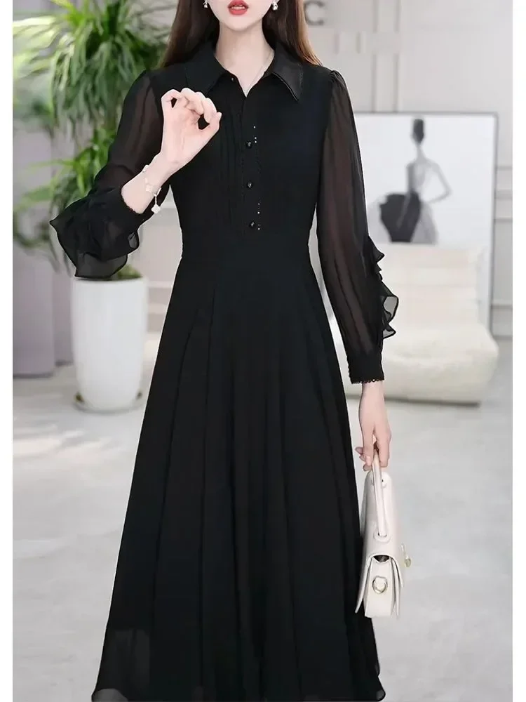 FADFAD Gaun hitam elegan kerah polo bergaya istana untuk wanita kelas atas