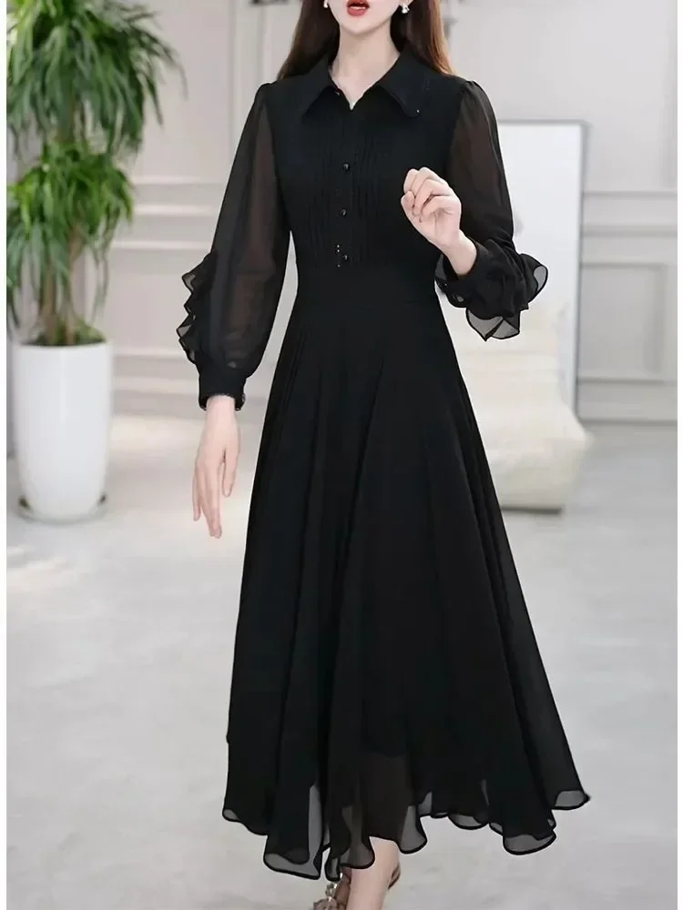 FADFAD Gaun hitam elegan kerah polo bergaya istana untuk wanita kelas atas