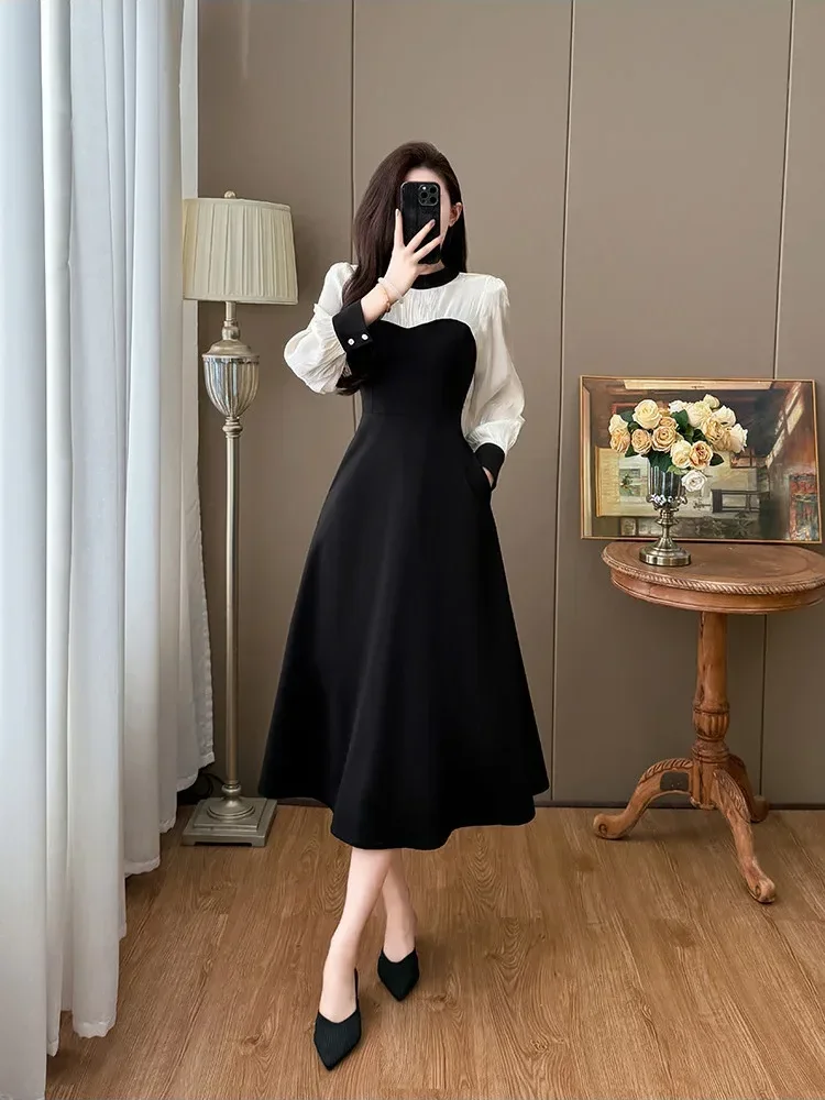 [DISKON KILAT]CHICMORE Gaun wanita desain kontras warna gaya kasual elegan