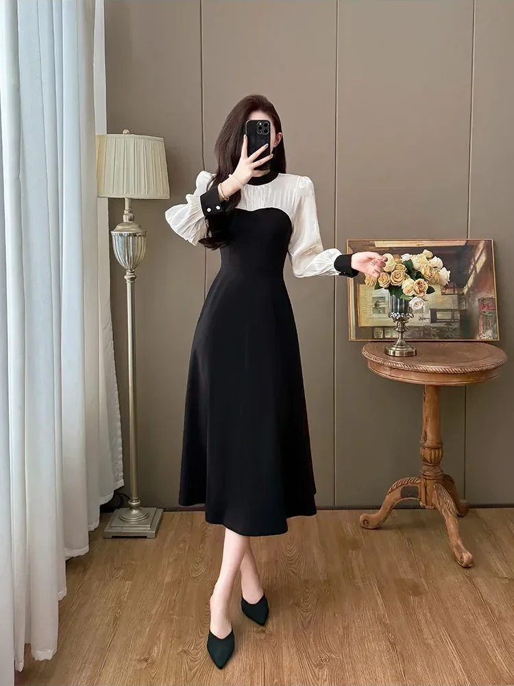 [DISKON KILAT]CHICMORE Gaun wanita desain kontras warna gaya kasual elegan