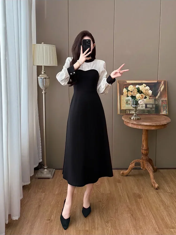 [DISKON KILAT]CHICMORE Gaun wanita desain kontras warna gaya kasual elegan