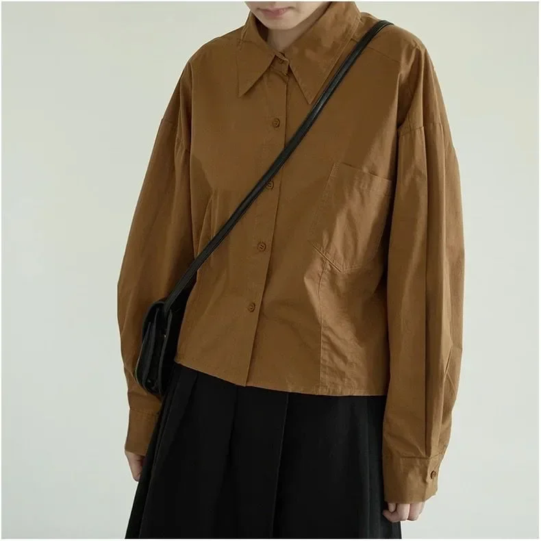 ASAYA Atasan kemeja kasual warna polos kerah polo lengan panjang dan terdapat saku aktif