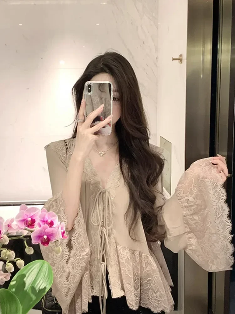 CHICMORE Atasan kemeja lengan panjang leher v manis untuk wanita