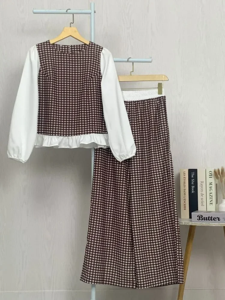 ASAYA Setelan wanita baru dengan efek dua lapis, atasan lengan panjang dengan warna kontras, celana longgar warna polos bergaya kasual