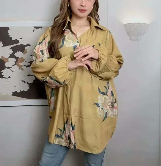 ASAYA Atasan gaya retro kerah v model longgar motif cetak untuk wanita