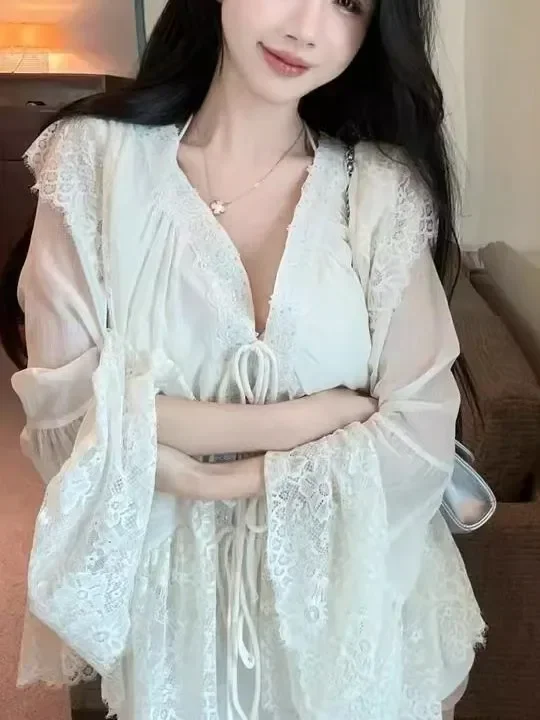 CHICMORE Atasan kemeja lengan panjang leher v manis untuk wanita