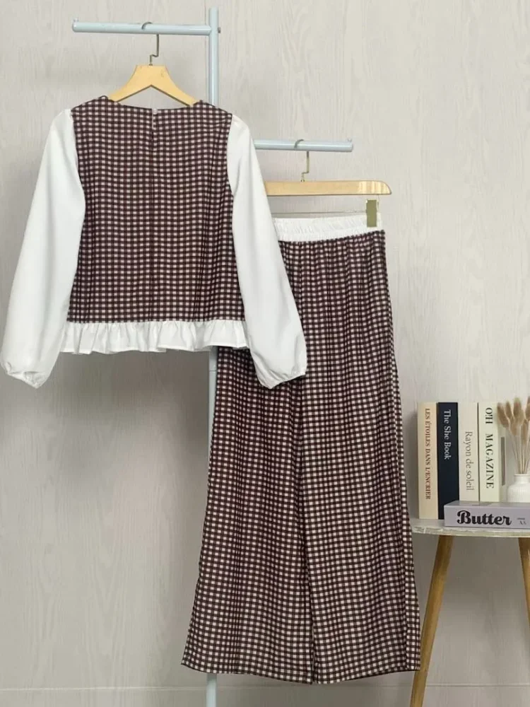 ASAYA Setelan wanita baru dengan efek dua lapis, atasan lengan panjang dengan warna kontras, celana longgar warna polos bergaya kasual