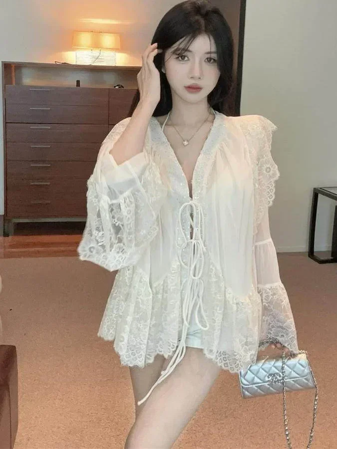 CHICMORE Atasan kemeja lengan panjang leher v manis untuk wanita