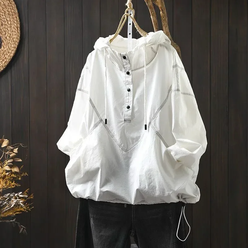 [READY STOCK]FADFAD Atasan gaya modis dengan kerah hooded berlengan panjang variasi tali serut