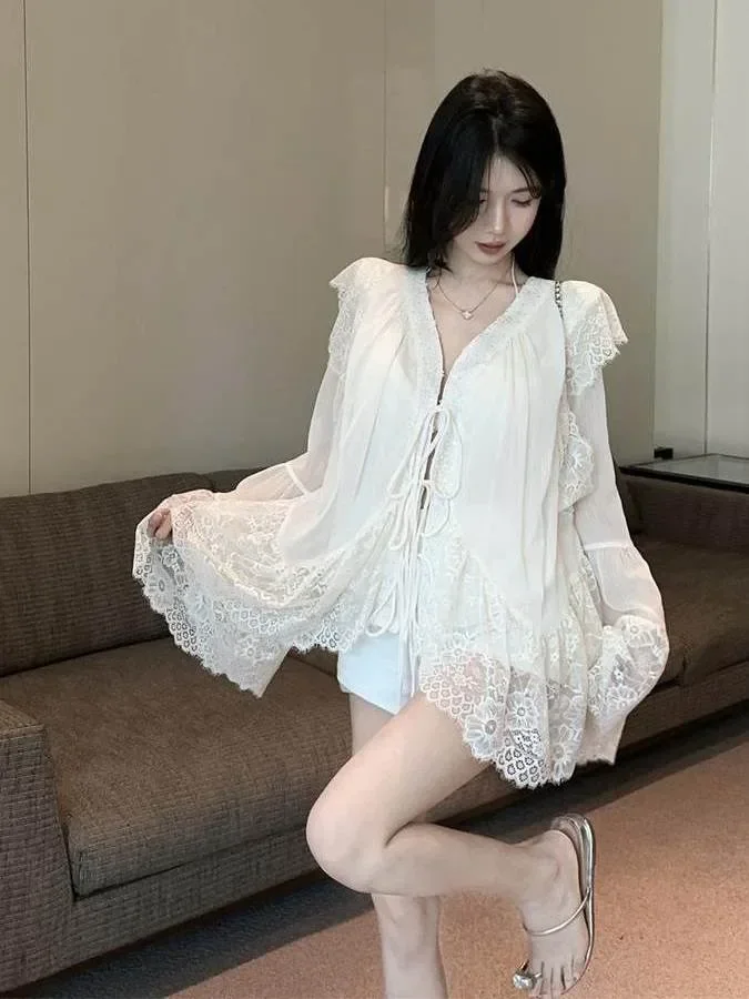 CHICMORE Atasan kemeja lengan panjang leher v manis untuk wanita