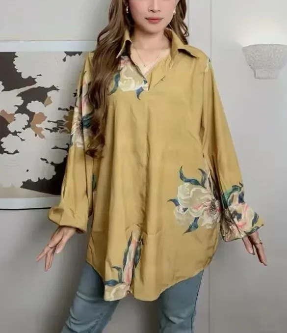 ASAYA Atasan gaya retro kerah v model longgar motif cetak untuk wanita