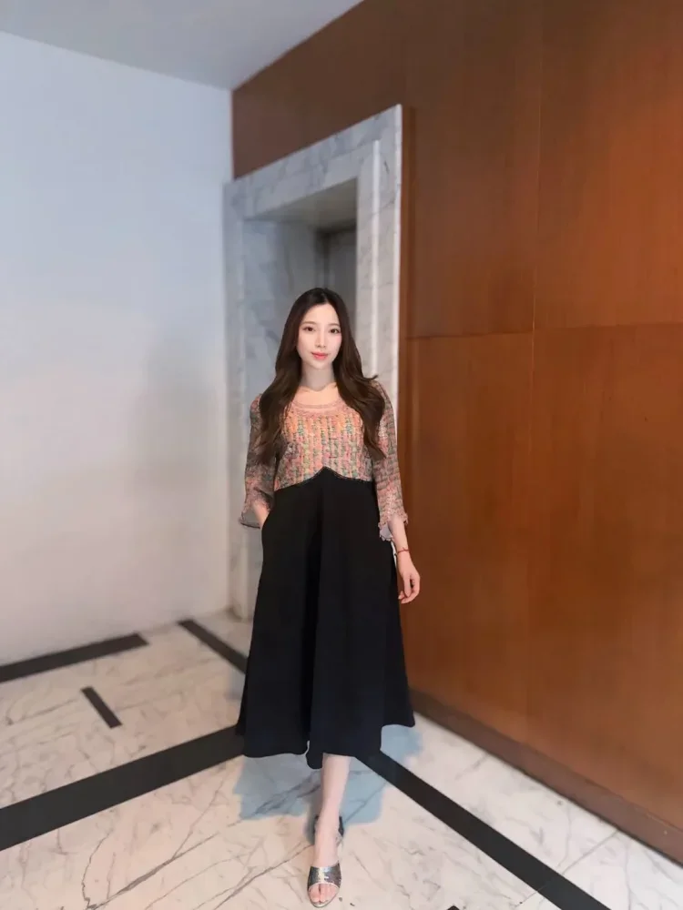[NEW]FADFAD Gaun elegan motif bergaris dengan lengan panjang gaya baru