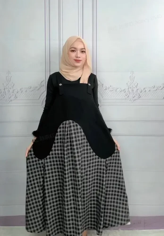 [DISKON KILAT]FADFAD Gaun midi patchwork kotak-kotak hitam untuk wanita