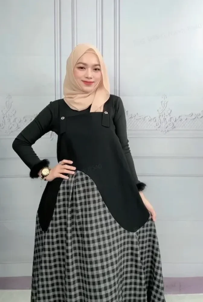 [DISKON KILAT]FADFAD Gaun midi patchwork kotak-kotak hitam untuk wanita