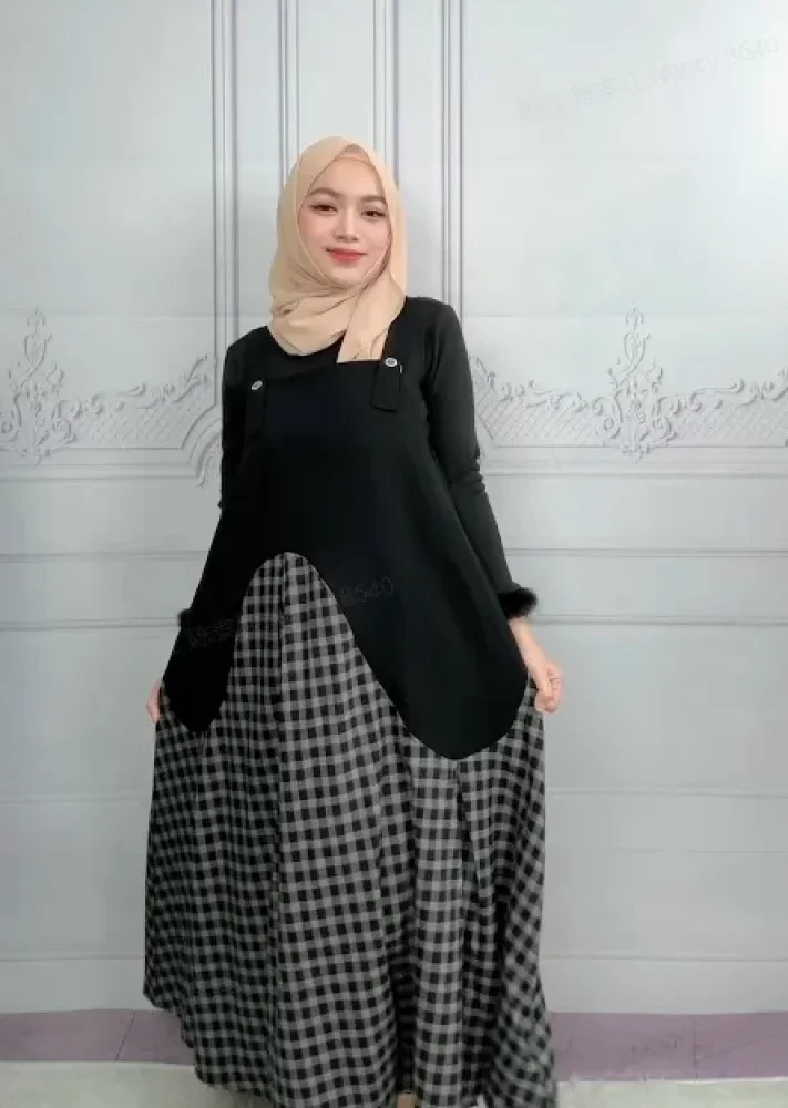 [DISKON KILAT]FADFAD Gaun midi patchwork kotak-kotak hitam untuk wanita