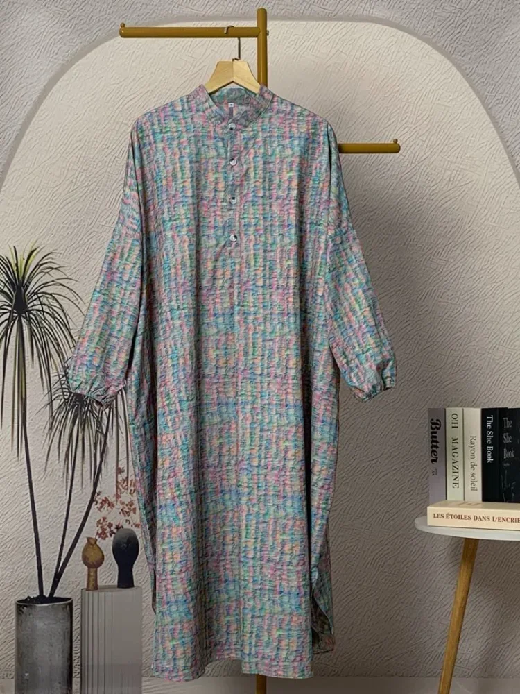 ASAYA Gaun panjang longgar kasual tipis bermotif dengan desain mode elegan