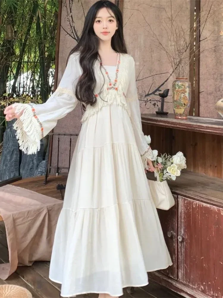 [DISKON KILAT]CHICMORE Gaun midi lengan panjang model longgar gaya bohemian feminine