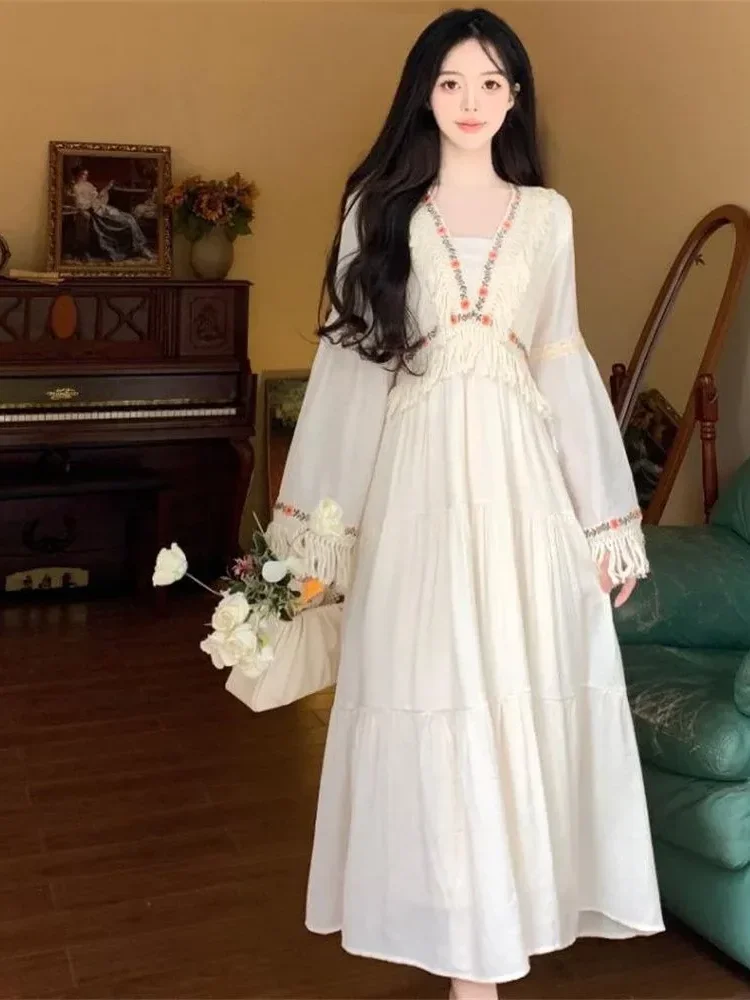 [DISKON KILAT]CHICMORE Gaun midi lengan panjang model longgar gaya bohemian feminine