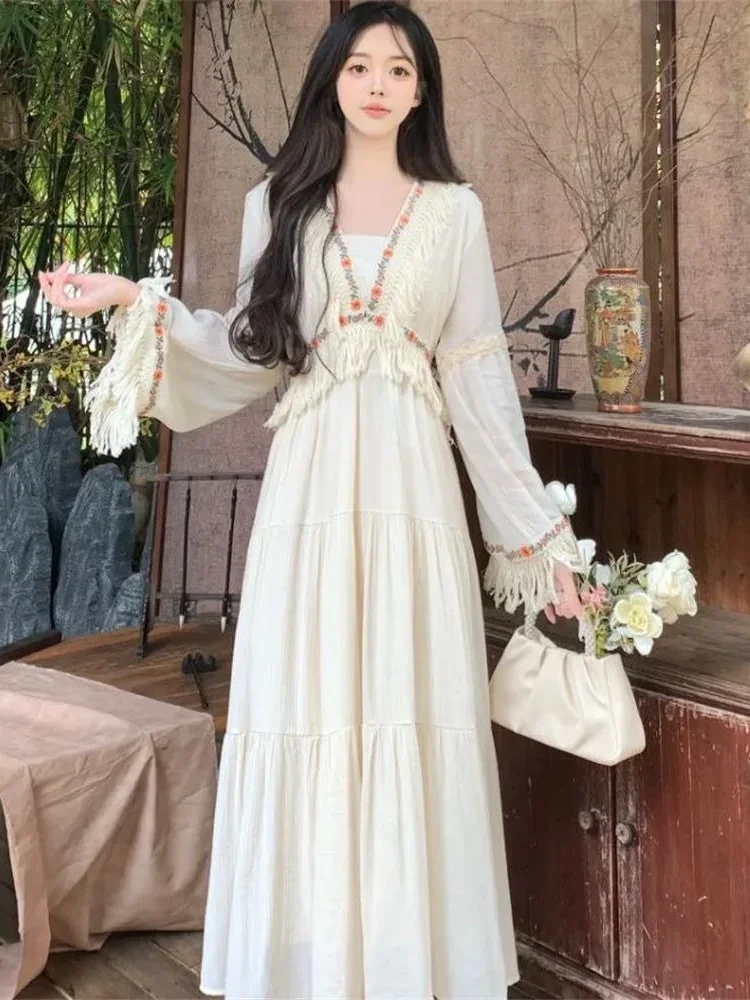 [DISKON KILAT]CHICMORE Gaun midi lengan panjang model longgar gaya bohemian feminine