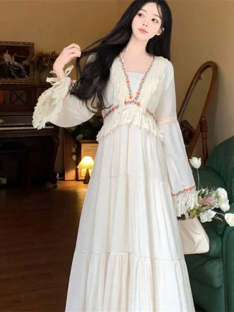 [DISKON KILAT]CHICMORE Gaun midi lengan panjang model longgar gaya bohemian feminine