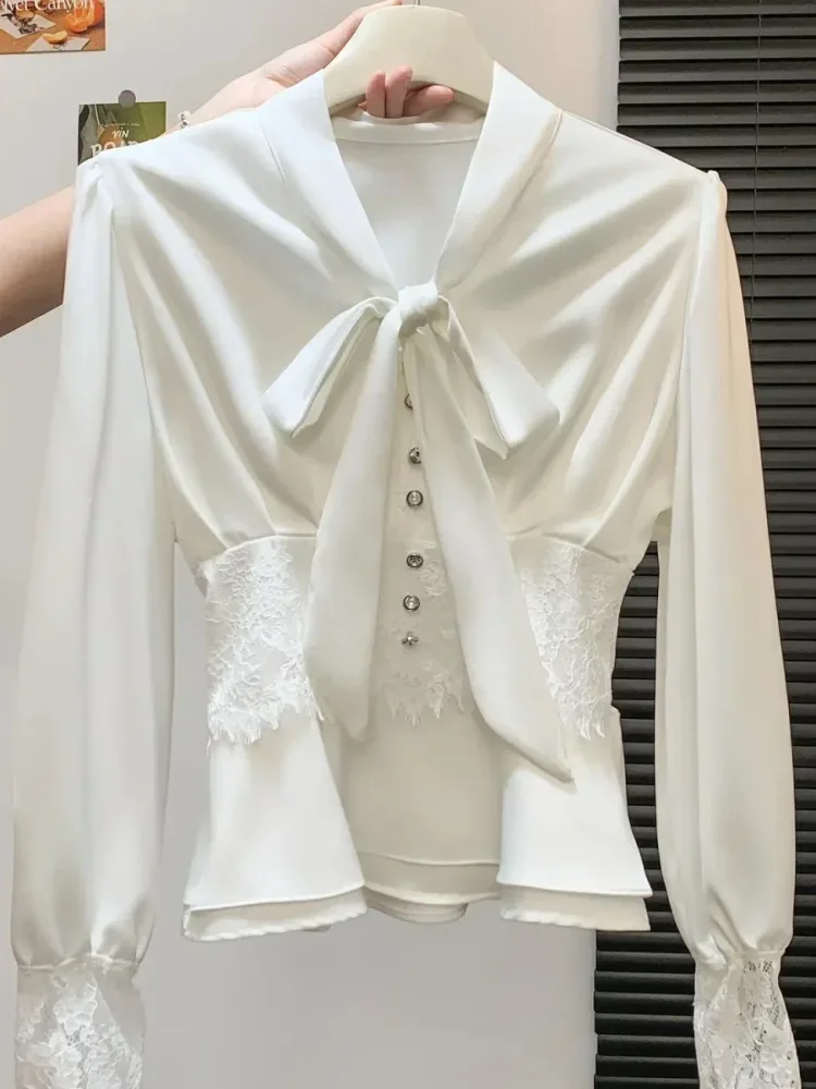 [NEW]FADFAD Atasan kemeja ramping lengan panjang gaya elegan kerah v dengan pita cantik