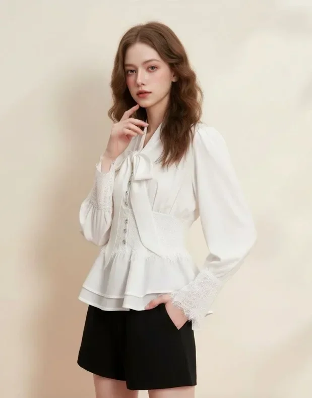 [NEW]FADFAD Atasan kemeja ramping lengan panjang gaya elegan kerah v dengan pita cantik