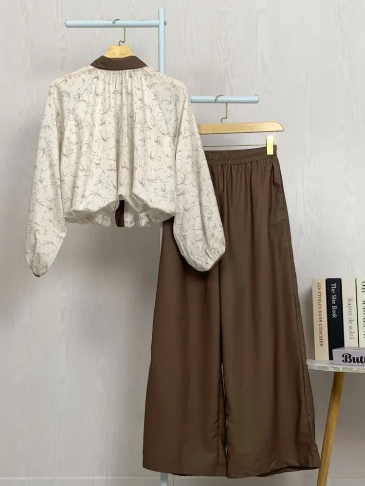 [DISKON KILAT]ASAYA Kemeja pendek wanita, atasan lengan panjang dengan motif bunga dipadukan dengan celana panjang longgar dua potong
