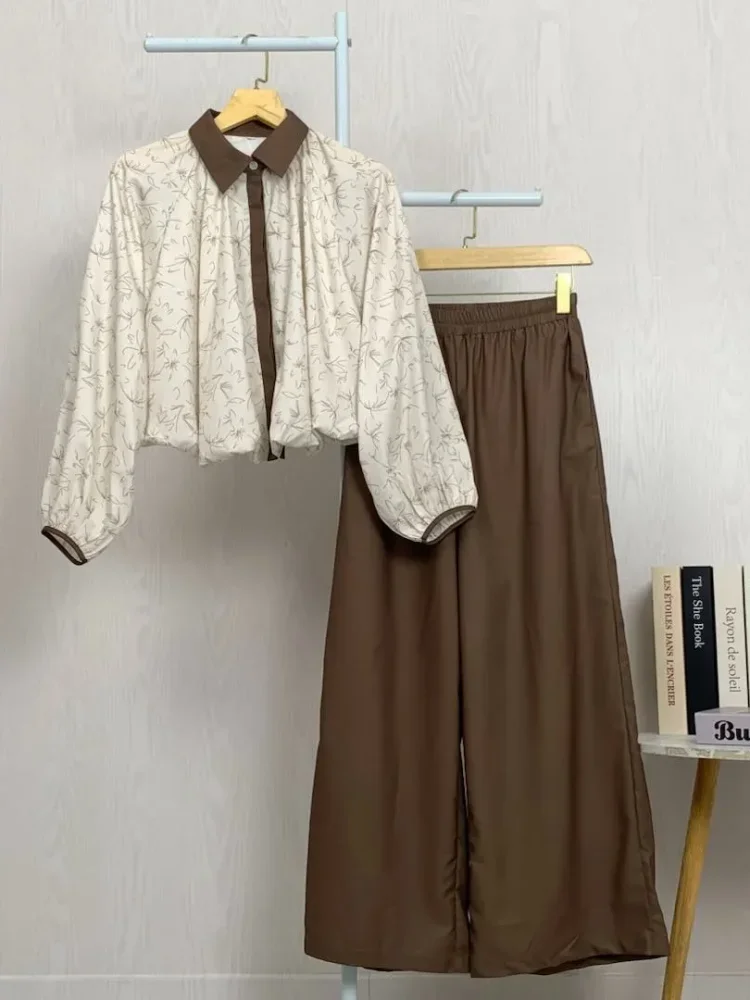 [DISKON KILAT]ASAYA Kemeja pendek wanita, atasan lengan panjang dengan motif bunga dipadukan dengan celana panjang longgar dua potong
