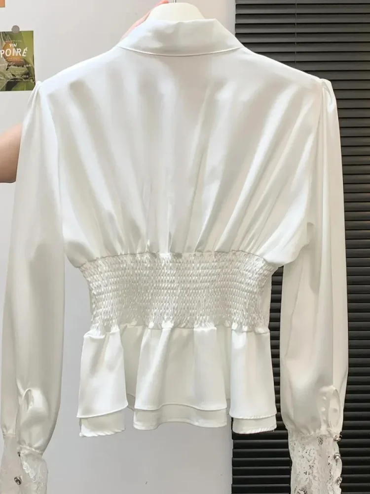 [NEW]FADFAD Atasan kemeja ramping lengan panjang gaya elegan kerah v dengan pita cantik