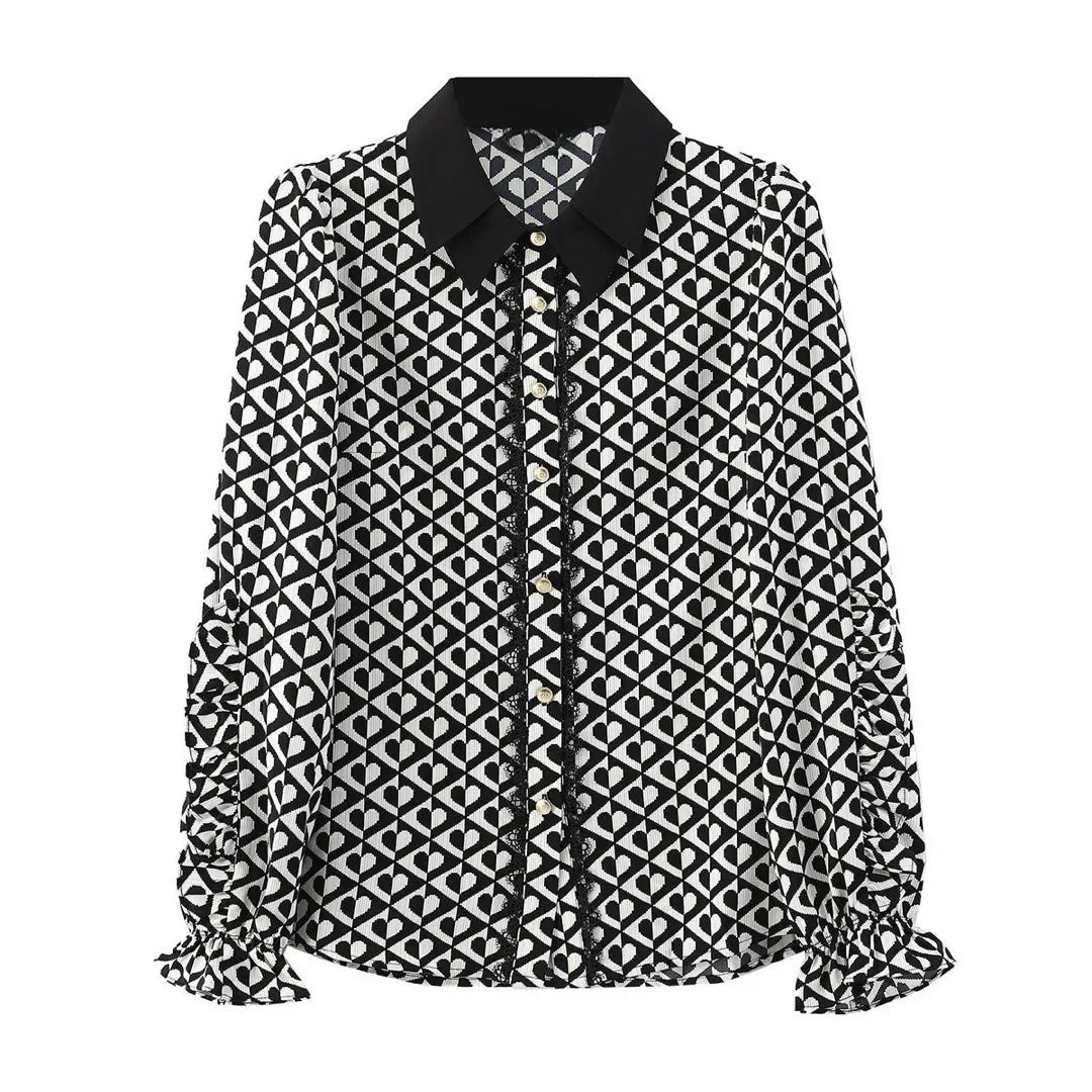 FADFAD Kemeja motif cetak baru untuk wanita feminime dengan lengan panjang gaya kasual