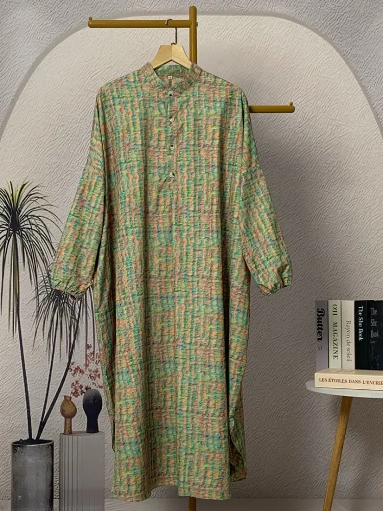 ASAYA Gaun panjang longgar kasual tipis bermotif dengan desain mode elegan
