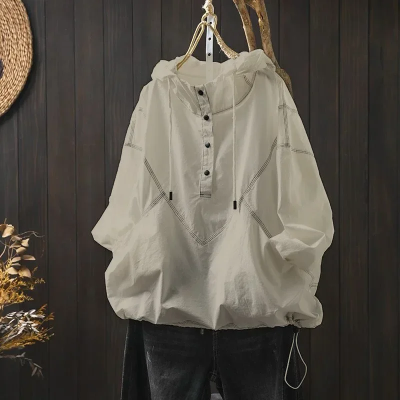 [READY STOCK]FADFAD Atasan gaya modis dengan kerah hooded berlengan panjang variasi tali serut