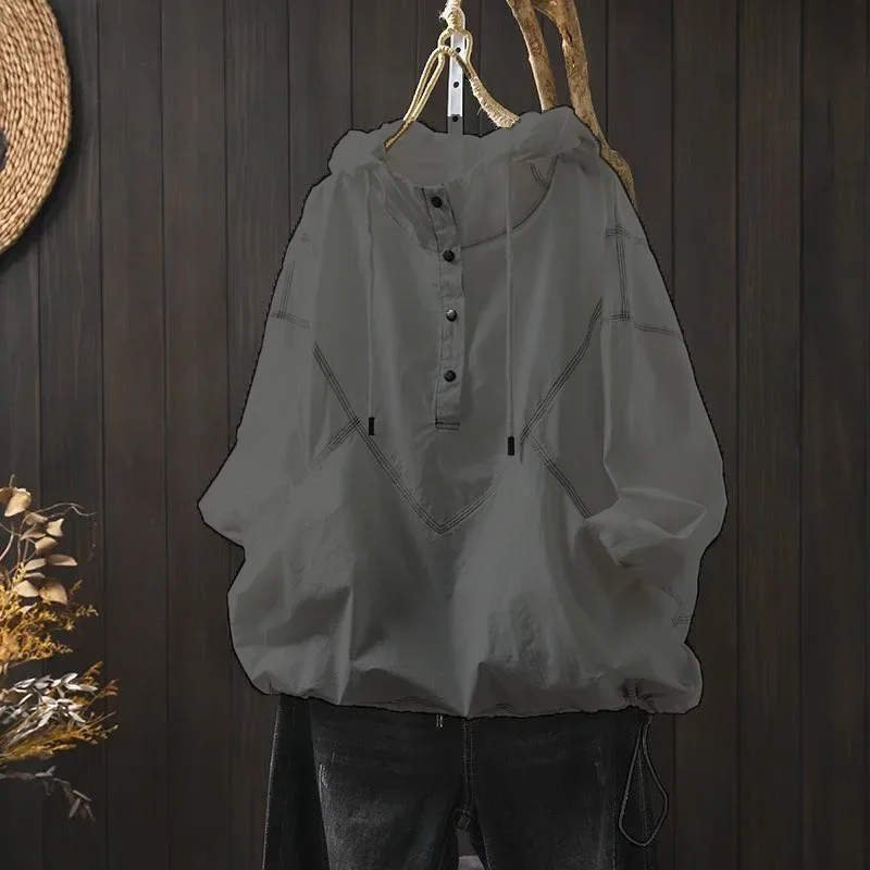 [READY STOCK]FADFAD Atasan gaya modis dengan kerah hooded berlengan panjang variasi tali serut