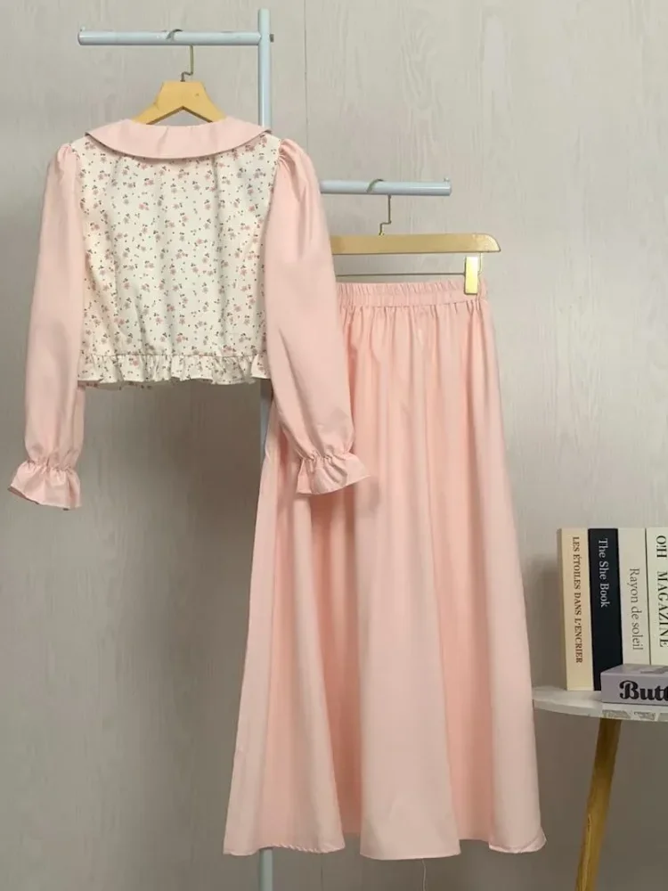 [DISKON KILAT]ASAYA Setelan lengan panjang dua warna baru, atasan warna kontras dipadukan dengan motif manis, dengan rok panjang