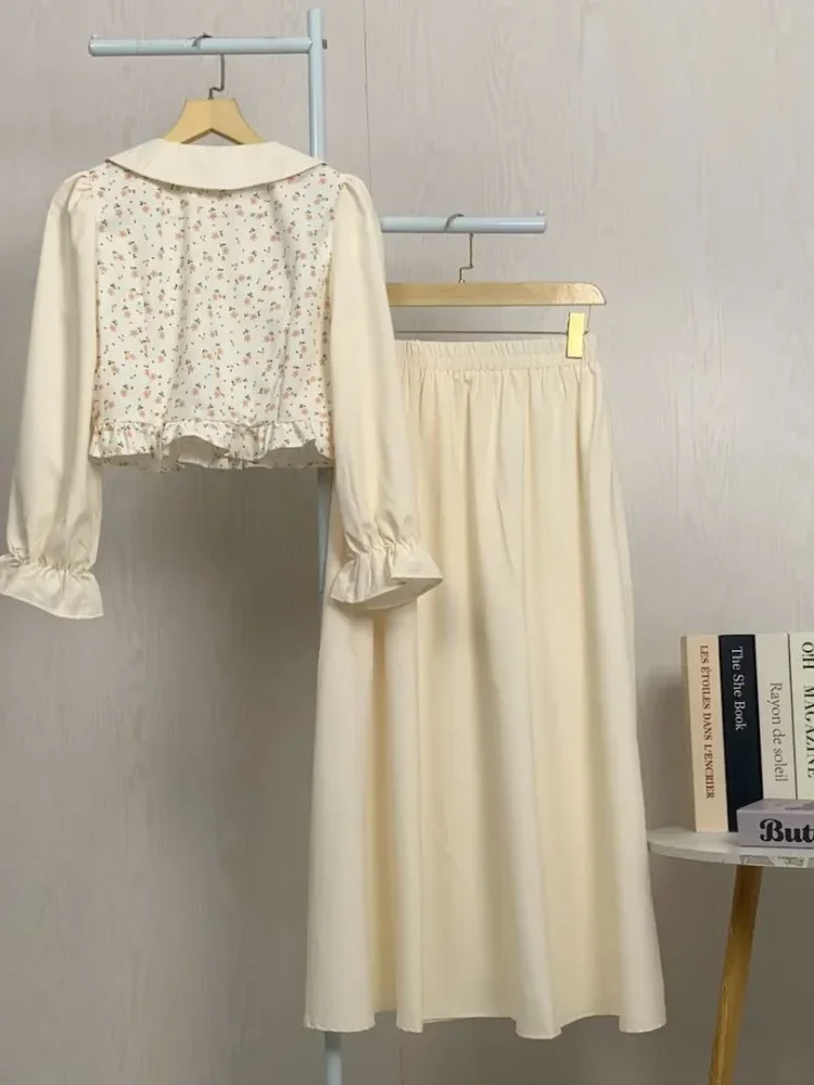 [DISKON KILAT]ASAYA Setelan lengan panjang dua warna baru, atasan warna kontras dipadukan dengan motif manis, dengan rok panjang