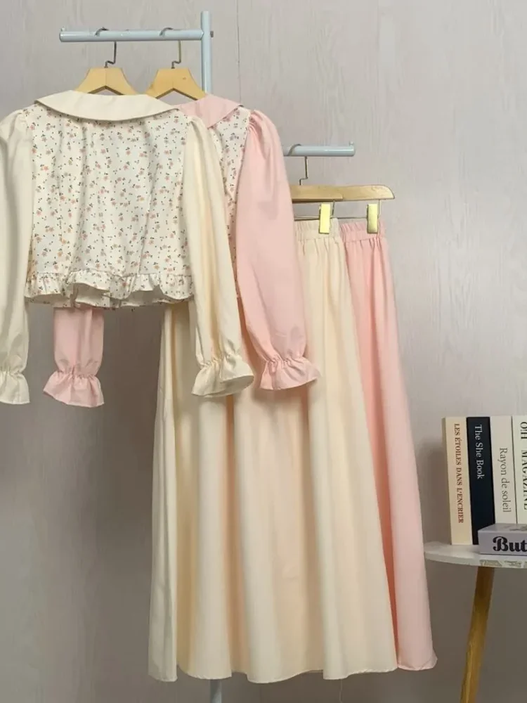 [DISKON KILAT]ASAYA Setelan lengan panjang dua warna baru, atasan warna kontras dipadukan dengan motif manis, dengan rok panjang