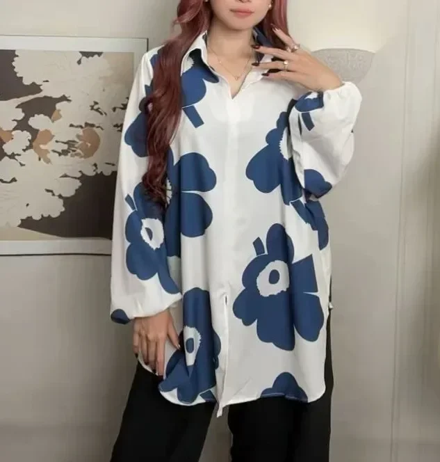 ASAYA Atasan gaya retro kerah v model longgar motif cetak untuk wanita