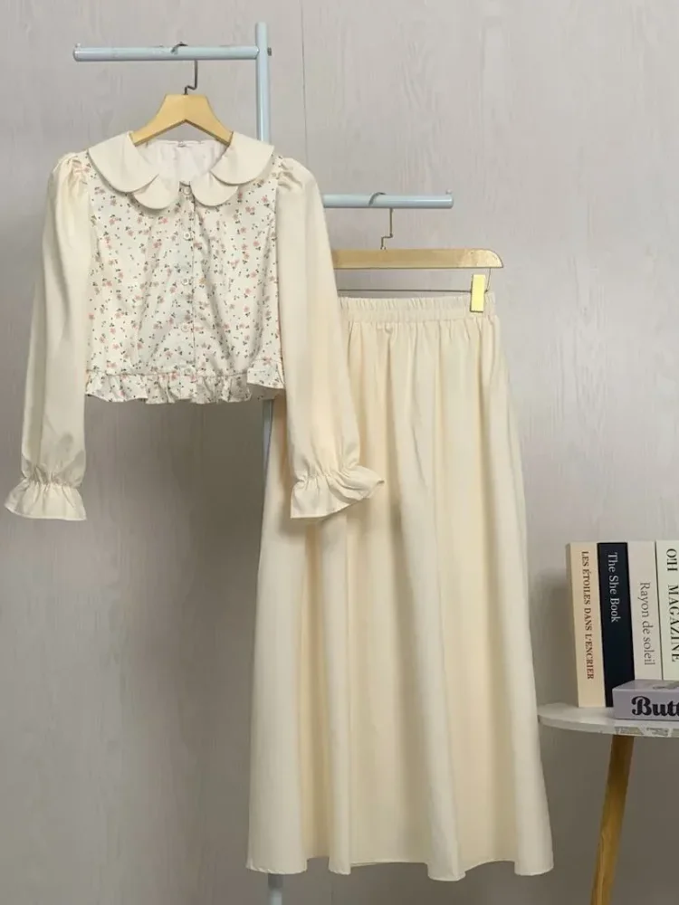[DISKON KILAT]ASAYA Setelan lengan panjang dua warna baru, atasan warna kontras dipadukan dengan motif manis, dengan rok panjang