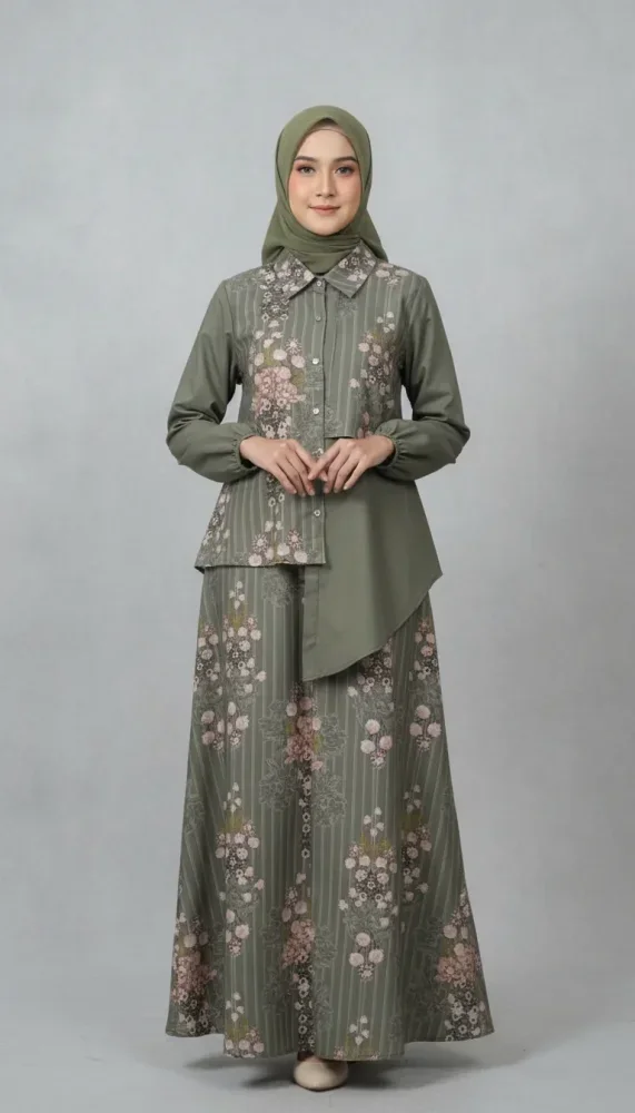 ASAYA Setelan dua bagian, yaitu atasan dan rok, dengan motif patchwork yang modis