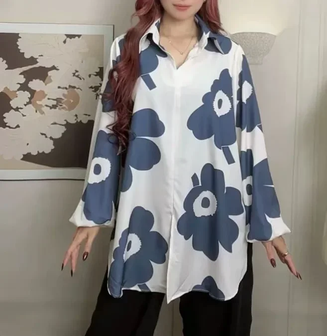 ASAYA Atasan gaya retro kerah v model longgar motif cetak untuk wanita