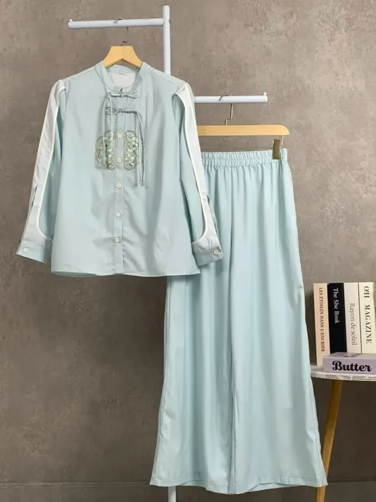 [DISKON KILAT]CHICMORE Setelan dua potong wanita polos, menampilkan atasan berlengan mengembang yang dipadukan dengan celana panjang longgar.