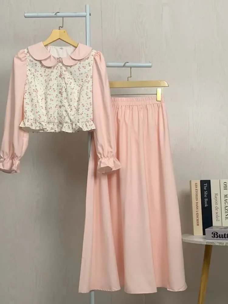 [DISKON KILAT]ASAYA Setelan lengan panjang dua warna baru, atasan warna kontras dipadukan dengan motif manis, dengan rok panjang
