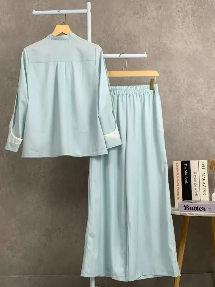 [DISKON KILAT]CHICMORE Setelan dua potong wanita polos, menampilkan atasan berlengan mengembang yang dipadukan dengan celana panjang longgar.