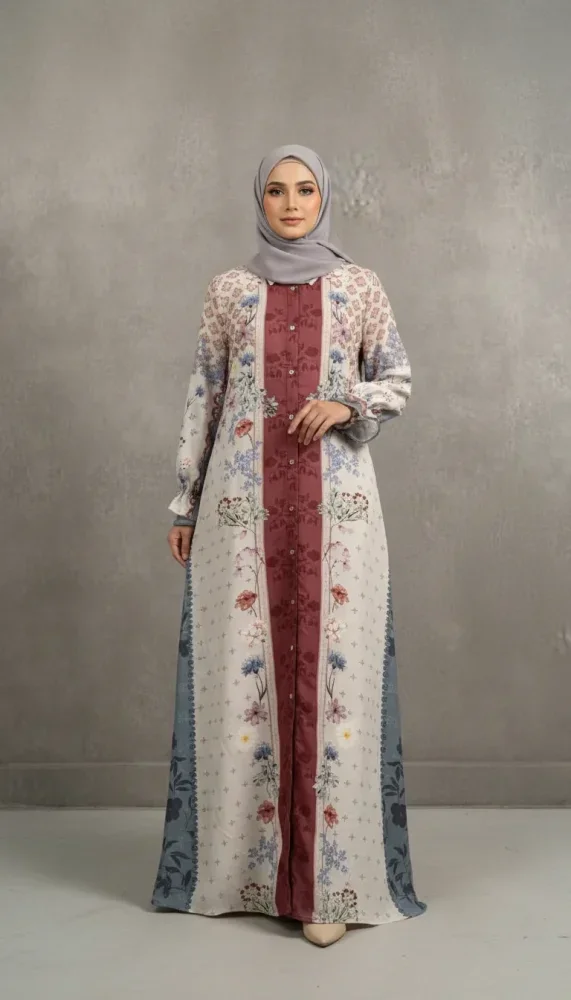 ASAYA Gaun elegan dengan motif posisi mode lengan panjang